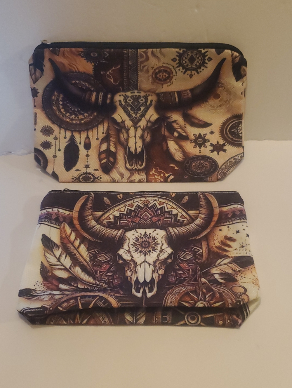 Western Skull Zip Cloth Pouches - Beige Brown (New)